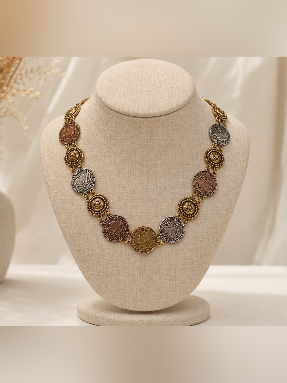 Vintage Coin Statement Necklace | Mixed Metal Gold & Silver Medallion Boho Luxe
